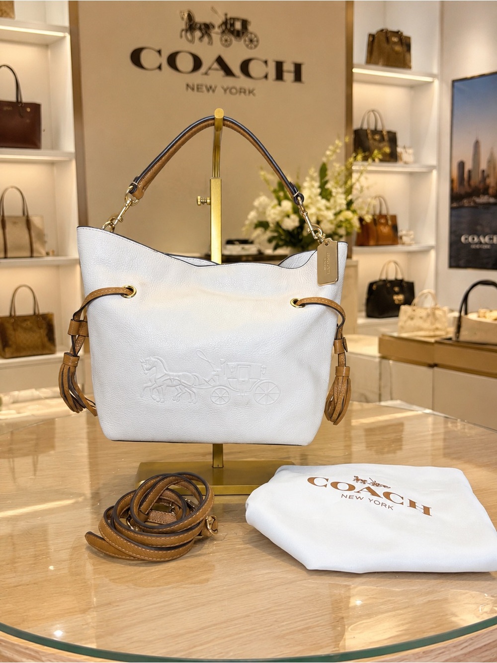 COACH White Pebbled Leather Shoulder Bag with Tan Trim